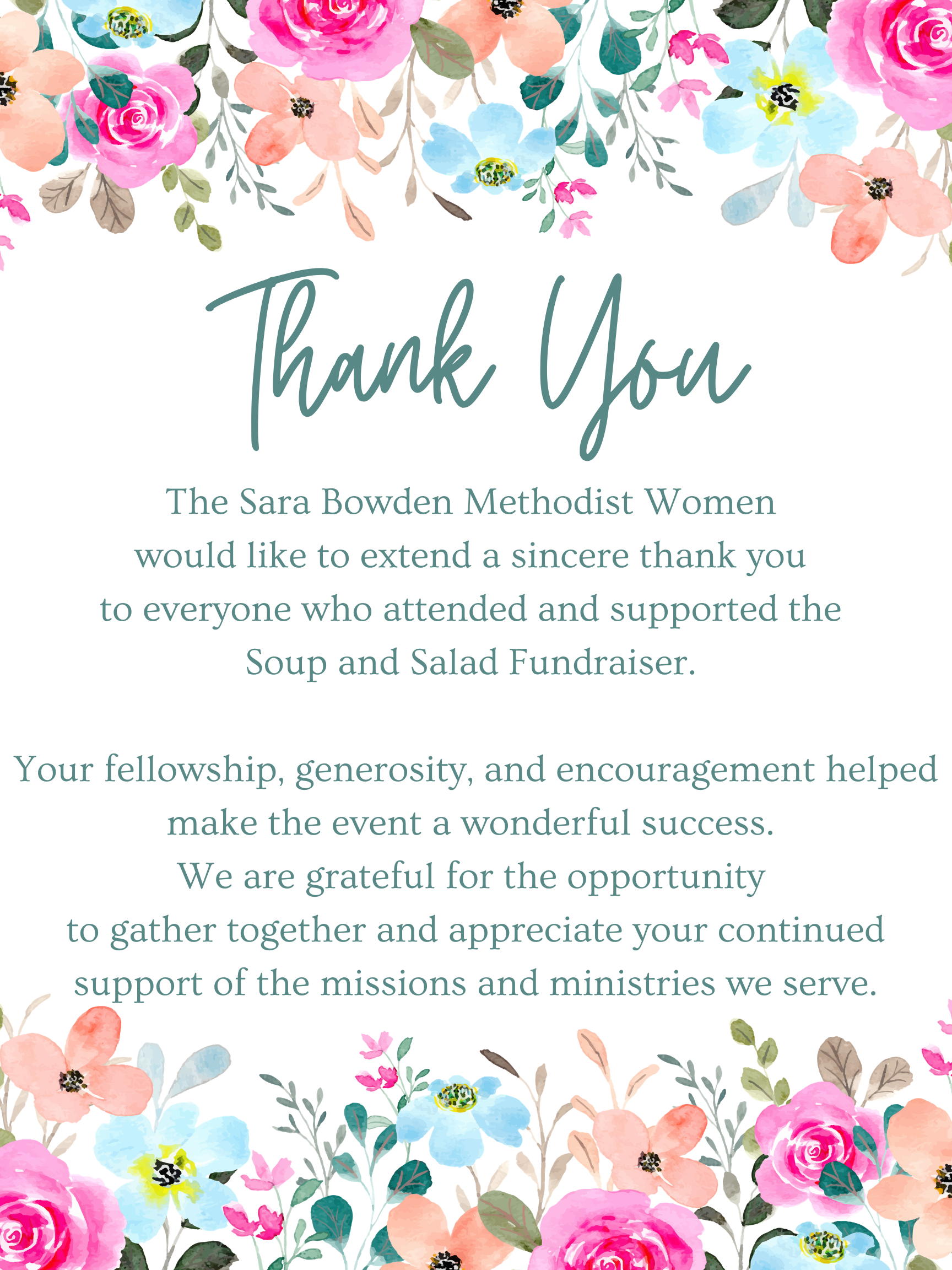 Thank You from The Sara Bowden Methodist Women’s Group