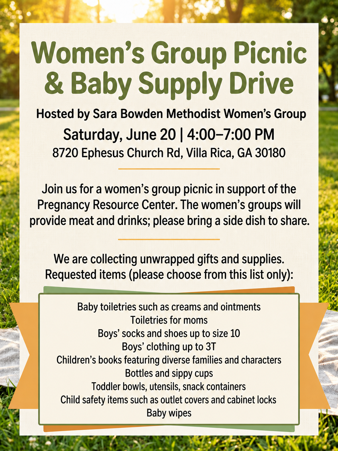 Sara Bowden Methodist Women’s Group’s Annual Picnic – Sat. June 20th!